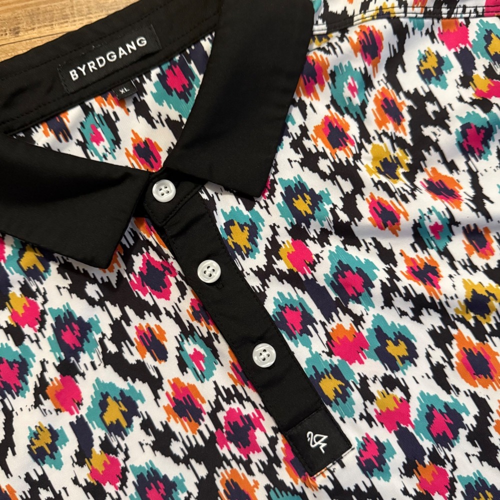 NWOT Byrdgang Polo Shirt Mens XL Multi Geometric Ikat Performance Golf Aztec